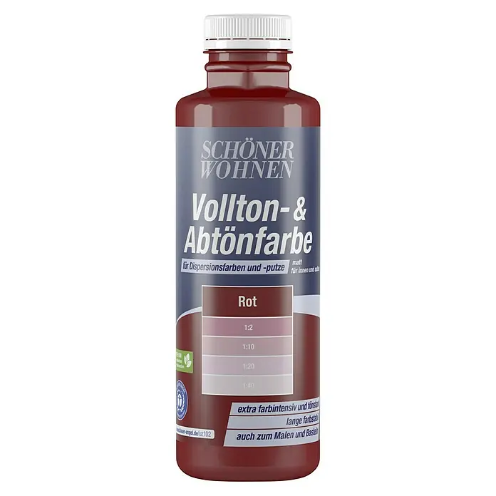 SCHÖNER WOHNEN-Farbe Vollton- & Abtönfarbe - Rot, Matt, 500 ml - Eine Flasche "Schöner Wohnen Vollton- & Abtönfarbe" in Rot, geeignet für Dispersionsfarben und Putze, sowohl für Innen als auch Außen.