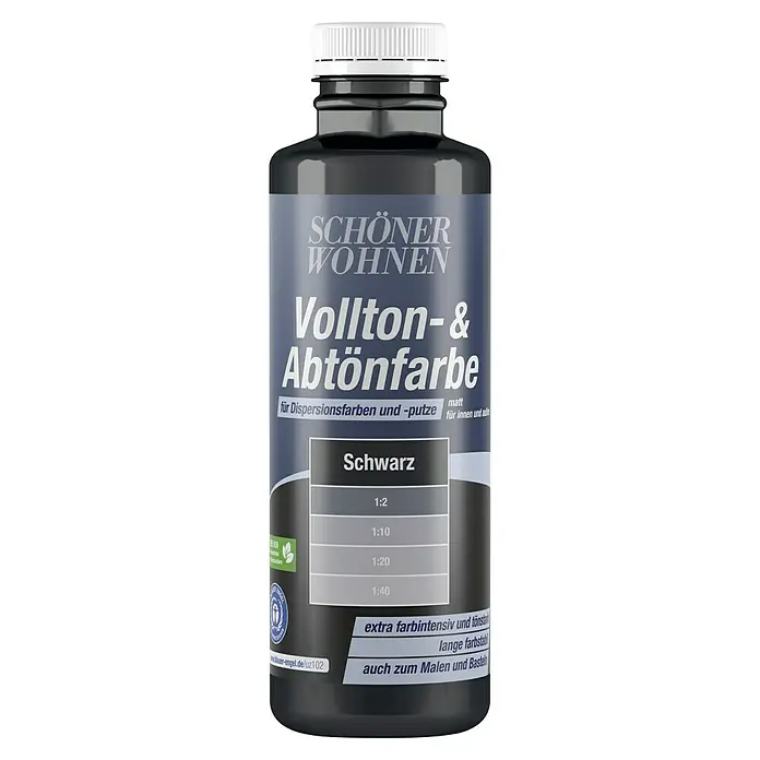 SCHÖNER WOHNEN-Farbe Vollton- & Abtönfarbe - Schwarz, Matt, 500 ml - Abbildung einer Flasche Schöner Wohnen Vollton- & Abtönfarbe in Schwarz, geeignet für Dispersionsfarben und Putze, sowohl für Innen- als auch Außenbereiche.