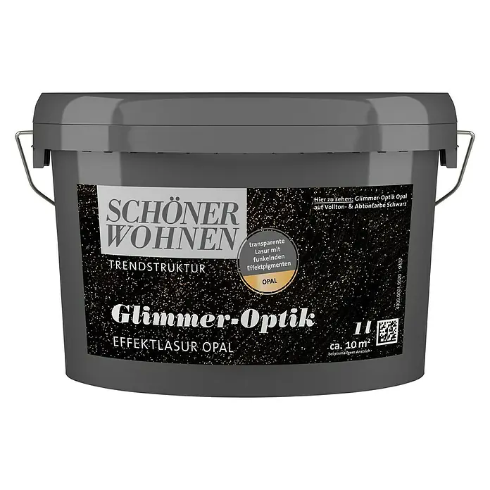SCHÖNER WOHNEN-Farbe Trendstruktur Farbeffektputz Glimmer-Optik Effektlasur - Opal, Schimmernd, 1 l - Ein grauer Eimer Schöner Wohnen Glimmer-Optik Effektlasur Opal. Für glitzernde Akzente auf Wänden, ca. 10 m² Reichweite.