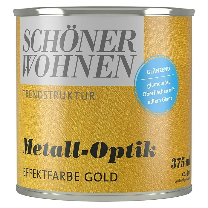 SCHÖNER WOHNEN-Farbe Trendstruktur Farbeffektputz Metall-Optik Effektfarbe - Gold, Glänzend, 375 ml - Dose "Schöner Wohnen" Effektfarbe Gold in Metall-Optik mit glänzender Oberfläche für glamouröse Akzente im Innenbereich, 375ml für ca. 4 m².