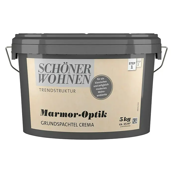 SCHÖNER WOHNEN-Farbe Trendstruktur Dekoputz-Set Marmor-Optik - 3 -tlg., Crema - Abbildung eines Eimers "Schöner Wohnen Marmor-Optik Grundspachtel Crema" mit 5 kg Inhalt für eine klassische und moderne Wohnraumgestaltung.
