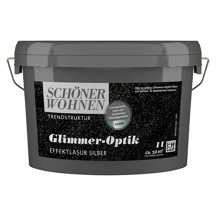 SCHÖNER WOHNEN-Farbe Trendstruktur Farbeffektputz Glimmer-Optik Effektlasur - Silber, Schimmernd, 1 l - Eimer Schöner Wohnen Glimmer-Optik Effektlasur Silber für trendige Wandgestaltung mit funkelnden Effektpigmenten.