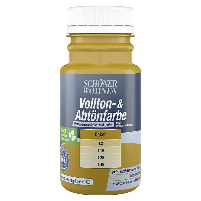 SCHÖNER WOHNEN-Farbe Vollton- & Abtönfarbe - Ocker, Matt, 125 ml - Abbildung einer Flasche Schönner Wohnen Vollton- & Abtönfarbe Ocker, einer matten Farbe für den Innen- und Außenbereich.