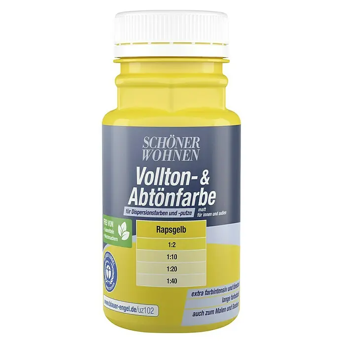 SCHÖNER WOHNEN-Farbe Vollton- & Abtönfarbe - Rapsgelb, Matt, 125 ml - Ein gelbes "Schöner Wohnen Vollton- & Abtönfarbe" Farbpigment in einer Dose mit weißem Deckel, ideal zum Mischen eigener Farben.