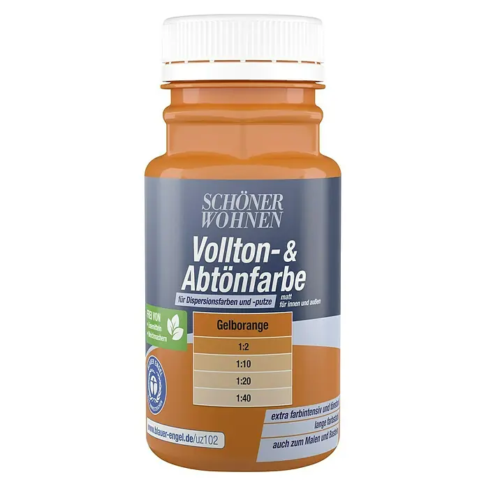SCHÖNER WOHNEN-Farbe Vollton- & Abtönfarbe - Gelborange, Matt, 125 ml - Abbildung einer Flasche Schöner Wohnen Vollton- & Abtönfarbe Gelborange für Dispersionsfarben. Ideal zum Mischen und Basteln.