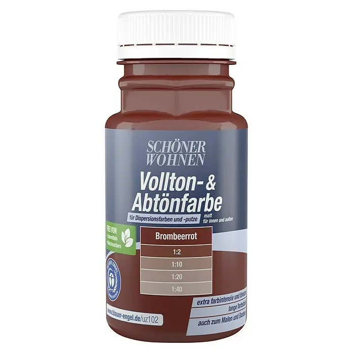SCHÖNER WOHNEN-Farbe Vollton- & Abtönfarbe - Brombeerrot, Matt, 125 ml - Produktbild einer Flasche Schöner Wohnen Vollton- & Abtönfarbe in Brombeerrot, geeignet für Dispersionsfarben und Putze.