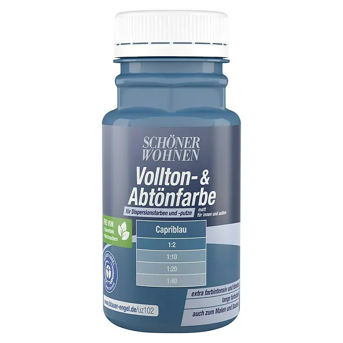 SCHÖNER WOHNEN-Farbe Vollton- & Abtönfarbe - Capriblau, Matt, 125 ml - Ein blauer „Schöner Wohnen Vollton- & Abtönfarbe“-Farbstoffbehälter mit weißem Deckel. Ideal zum Mischen eigener Farben und Abtönen.