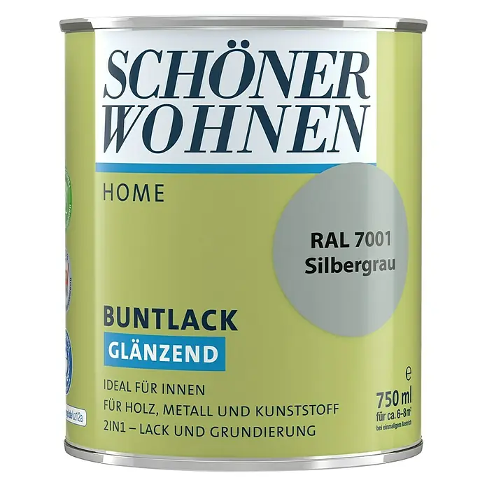 SCHÖNER WOHNEN-Farbe Home Buntlack - Silbergrau, Glänzend, 750 ml, Wasserbasiert - Dose Schöner Wohnen Buntlack Glänzend, Farbe RAL 7001 Silbergrau, 750 ml für Holz, Metall und Kunststoff.
