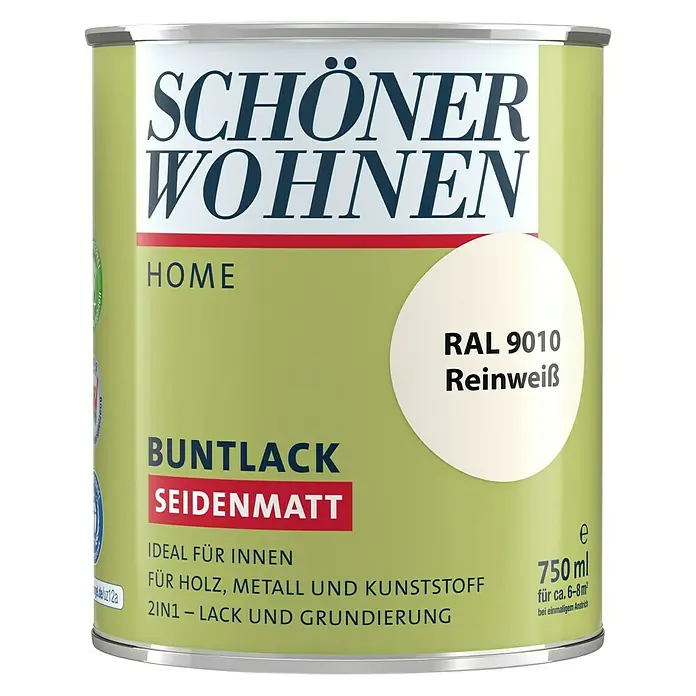 SCHÖNER WOHNEN-Farbe Home Buntlack - Reinweiß, Seidenmatt, 750 ml, Wasserbasiert - Dose Schön Wohnen Buntlack Seidenmatt Home, Farbe Reinweiß RAL 9010, geeignet für Holz, Metall und Kunststoff, 750ml für ca. 6-8m².