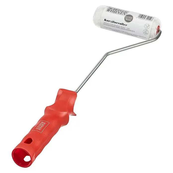 SCHÖNER WOHNEN-Farbe Kurzflorroller - Breite Walze: 10 cm - Bild einer Farbwalze mit rotem Griff und weißer Walze. Ideal für glatte Oberflächen und präzises Malen, ein Muss für jeden Heimwerker.
