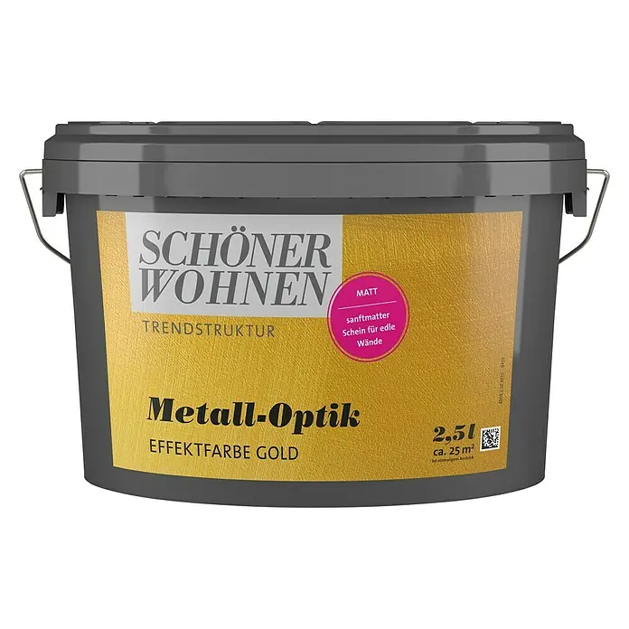 SCHÖNER WOHNEN-Farbe Trendstruktur Farbeffektputz Metall-Optik Effektfarbe - Mattgold, Matt, 2,5 l - Abbildung eines Eimers „Schöner Wohnen“-Metall-Optik-Effektfarbe in Gold für Trendstrukturen mit 2,5 l Inhalt.