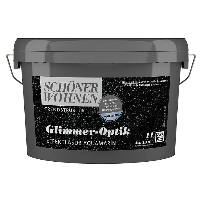 SCHÖNER WOHNEN-Farbe Trendstruktur Farbeffektputz Glimmer-Optik Effektlasur - Aquamarin, Schimmernd, 1 l - Ein grauer Eimer Schöner Wohnen Glimmer-Optik Effektlasur Aquamarin.