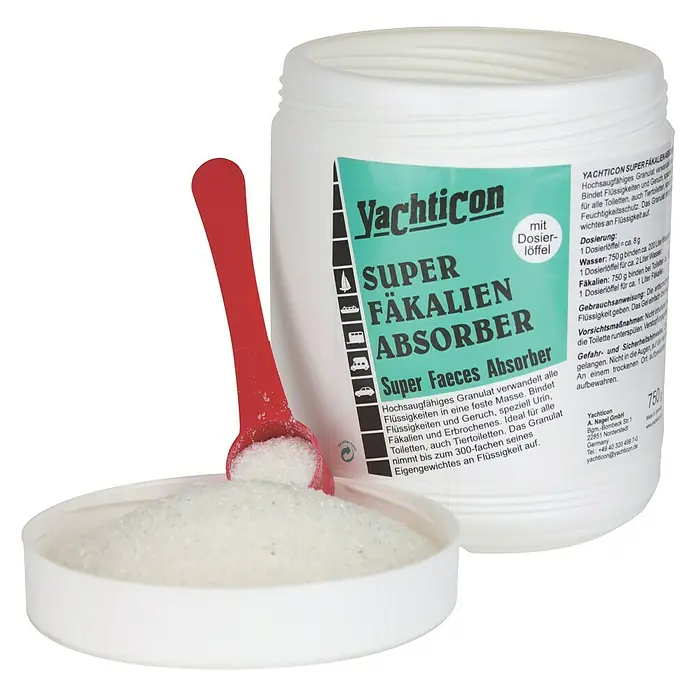 Yachticon Fäkalien-Behandlungsmittel - 750 g - Produktbild von Yachticon Super Fäkalien Absorber mit Dosierlöffel, ideal für Toiletten. Das Granulat verwandelt Flüssigkeiten in feste Masse.