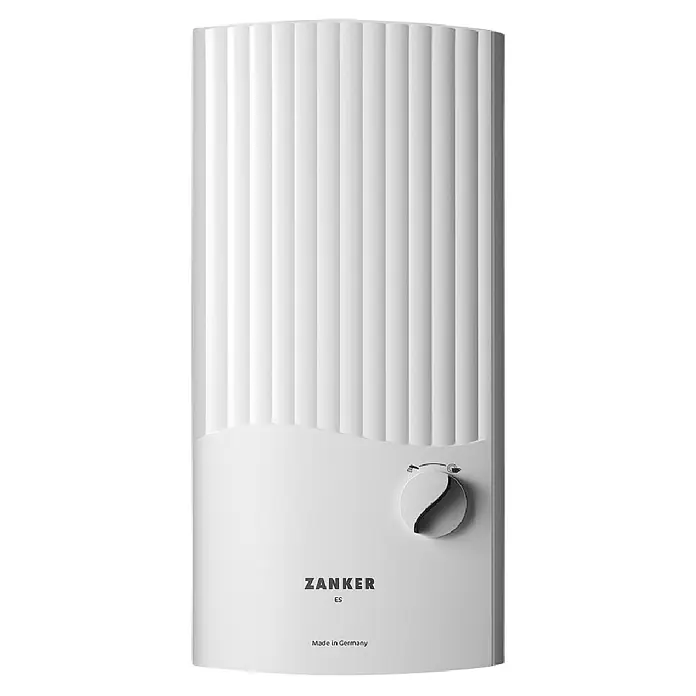 Zanker Durchlauferhitzer DE 24 ES - 24 kW, Elektronisch, Geschlossen - Nahaufnahme eines Zanker ES Warmwasserbereiters mit gerippter Oberfläche, Drehknopf und dem Schriftzug "Made in Germany".