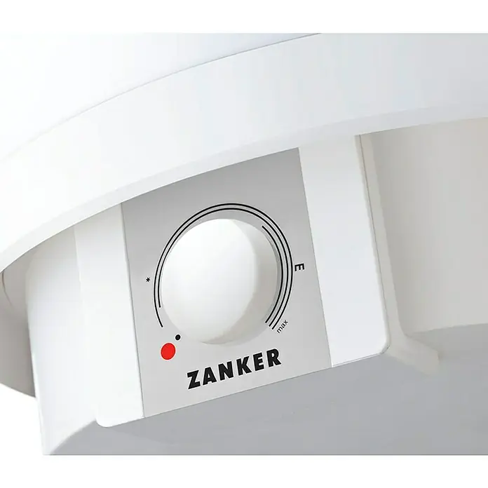 Zanker Warmwasserspeicher WG 30 EP - 30 l, 2.000 W, Temperaturbereich: 35 °C - 75 °C, Wandmontage - Detailaufnahme eines Zanker-Warmwasserbereiters mit Temperaturregler, der die Einstellungen von minimal bis maximal anzeigt.
