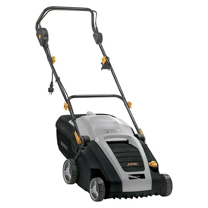 Alpina Escarificador eléctrico ASC 1.5 E - 1.500 W, Anchura de trabajo: 38 cm - Un cortacésped Alpina gris y negro, perfecto para recortar el jardín sin esfuerzo. Diseñado para la practicidad y facilidad de uso.