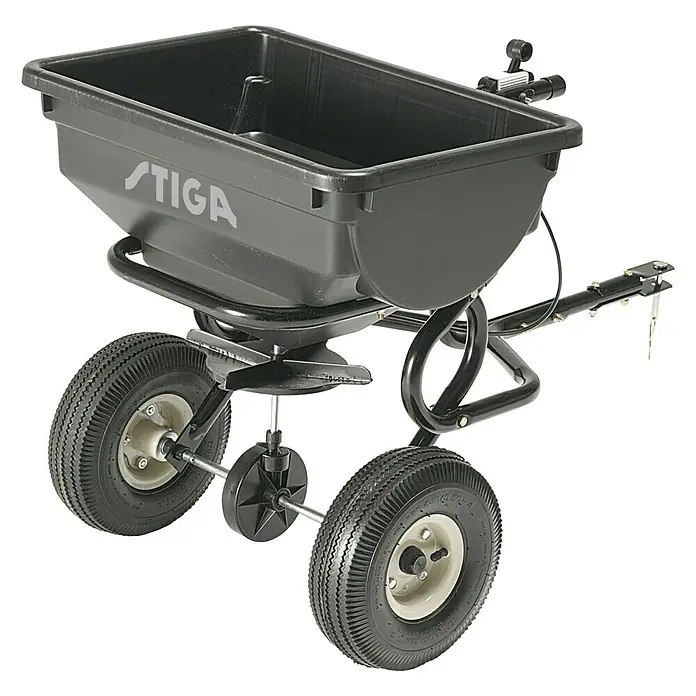 Stiga Streuwagenanhänger für Rasenmäher - Alpina Rasentraktoren mit Zugöse, Stiga Rasentraktoren mit Zugöse - Ein schwarzer Stiga Streuwagen mit Rädern und einem Behälter, ideal für die Gartenpflege.