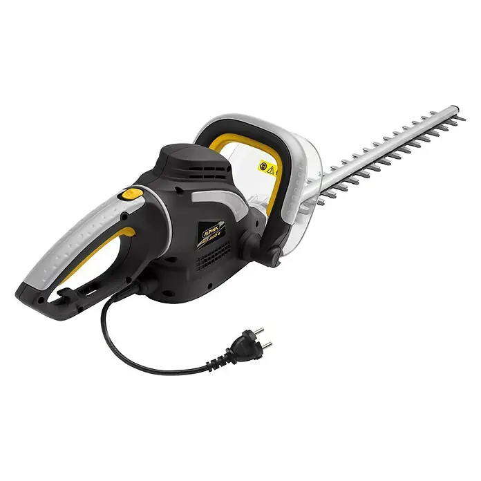 Alpina Elektro-Heckenschere AHT 500 E - 500 W, Schnittlänge: 45 cm, Max. Aststärke: 22 cm - Eine Alpina AHT 550 Q Heckenschere in Schwarz, Grau und Gelb, ideal für präzise Gartenarbeit.