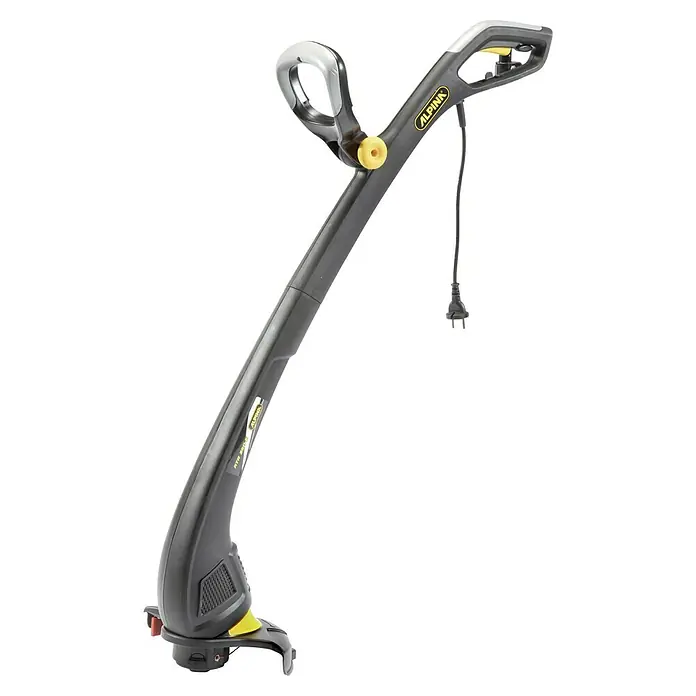 Alpina Elektro-Rasentrimmer ATR 350 E - 350 W, Schnittbreite Faden: 24 cm - Das Bild zeigt einen Rasentrimmer der Marke Alpina. Der Trimmer ist schwarz und gelb und hat einen elektrischen Antrieb für den Garten.