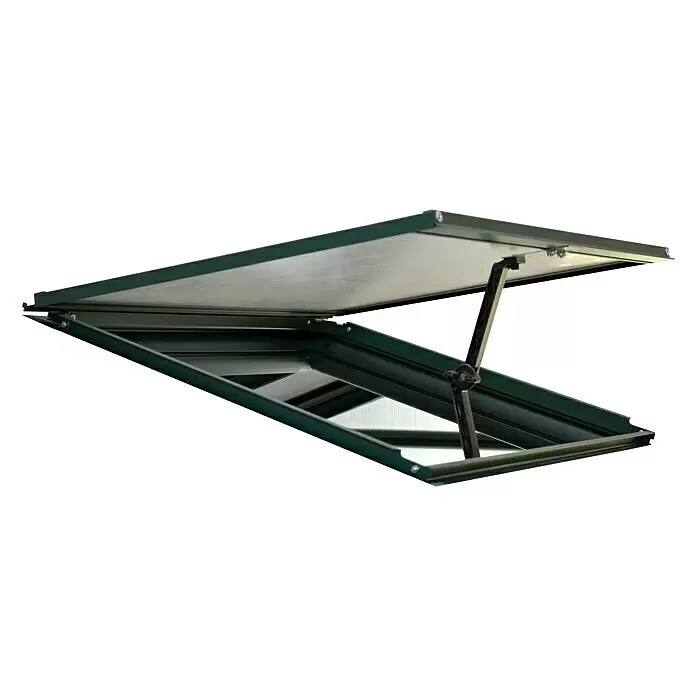 Palram – Canopia Ventana de techo para invernadero - Verde - Ventana de techo verde oscuro parcialmente abierta con mecanismo de apertura negro.