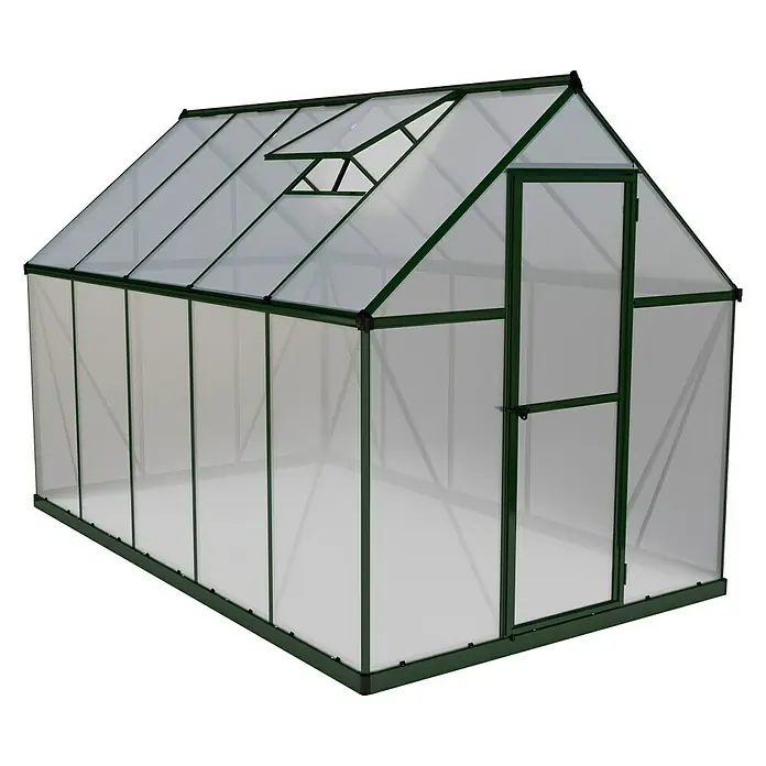 Palram – Canopia Invernadero Mythos - Medidas ext. (An x Pr): 185 x 306 cm, 4 mm, Verde - Un invernadero espacioso con marcos verdes y paneles transparentes, perfecto para la jardinería.