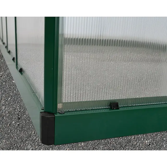 Palram – Canopia Invernadero Mythos - Medidas ext. (An x Pr): 185 x 126 cm, 4 mm, Verde - Primer plano de una estructura de invernadero verde robusta con paneles translúcidos, perfecta para el cultivo en el jardín.