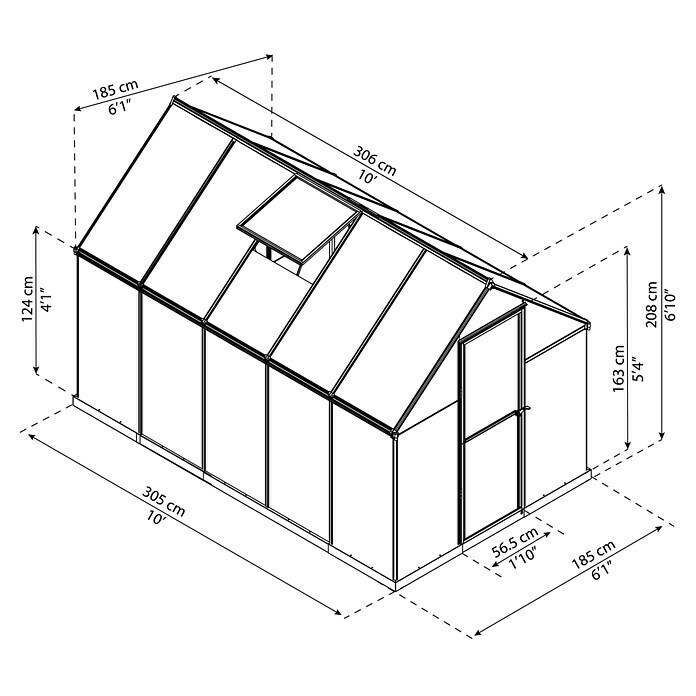 Palram – Canopia Gewächshaus Mythos306 x 185 x 208 cm, Polycarbonat, Silber Sketch