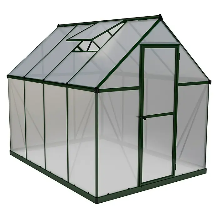 Palram – Canopia Invernadero Mythos - Medidas ext. (An x Pr): 185 x 247 cm, 4 mm, Verde - Un invernadero espacioso con marco verde y paredes transparentes, ideal para jardinería.
