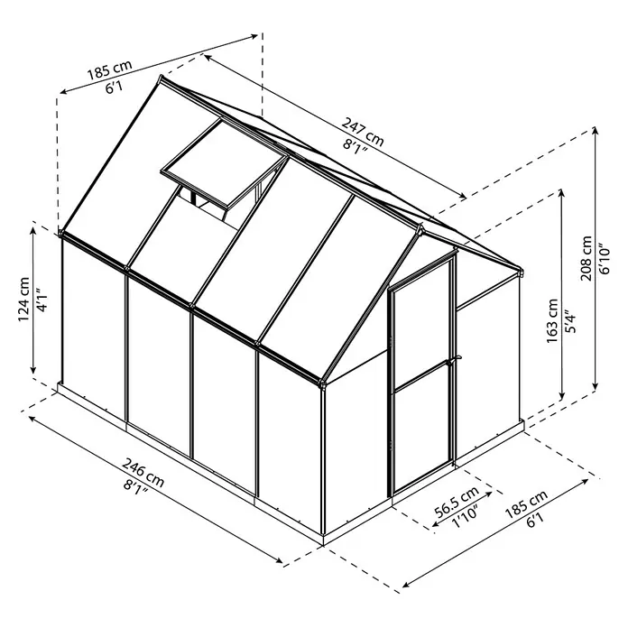 Palram – Canopia Invernadero Mythos - Medidas ext. (An x Pr): 185 x 247 cm, 4 mm, Plateado - Imagen de un invernadero con dimensiones en centímetros y pies, que muestra las especificaciones de tamaño y altura del producto.