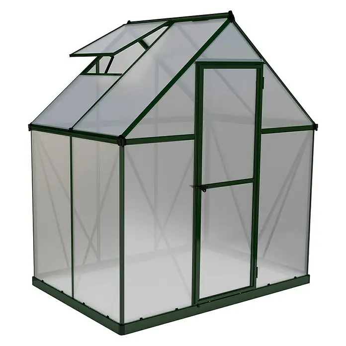 Palram – Canopia Invernadero Mythos - Medidas ext. (An x Pr): 185 x 126 cm, 4 mm, Verde - Imagen de un invernadero con marcos verdes y paneles translúcidos. Ideal para la jardinería y el cultivo de plantas.