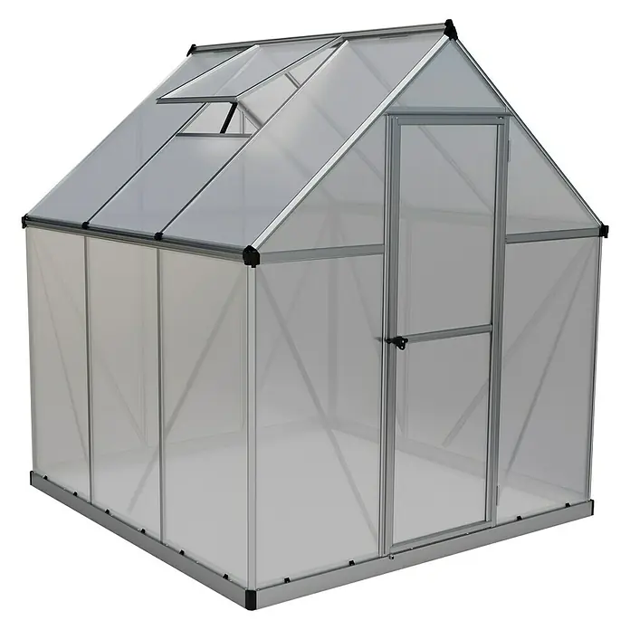 Palram – Canopia Invernadero Mythos - Medidas ext. (An x Pr): 185 x 186 cm, 4 mm, Plateado - Imagen de un invernadero, con marco de aluminio y paneles transparentes, ideal para el cultivo de jardín.