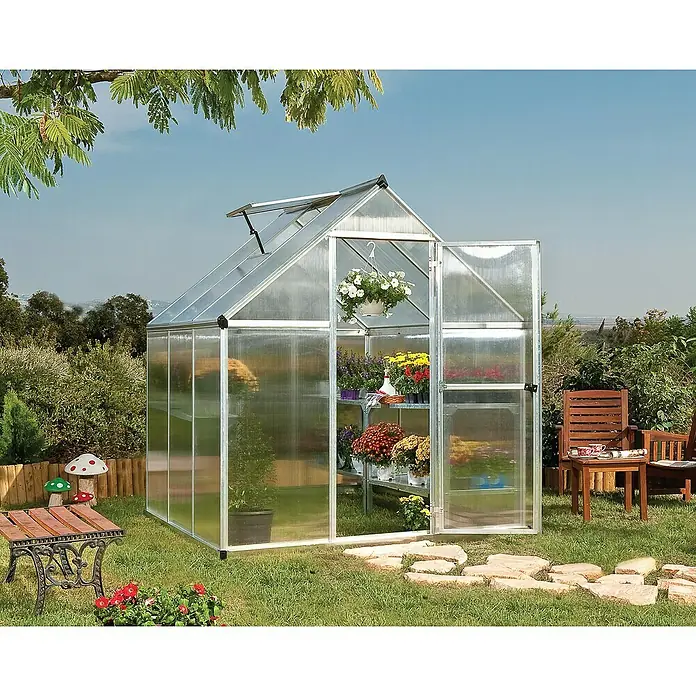 Palram – Canopia Invernadero Mythos - Medidas ext. (An x Pr): 185 x 186 cm, 4 mm, Plateado - El invernadero con puerta abierta y estanterías para plantas ofrece un espacio ideal para cultivar diversas plantas en tu jardín.