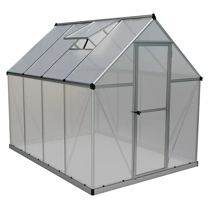 Palram – Canopia Invernadero Mythos - Medidas ext. (An x Pr): 185 x 247 cm, 4 mm, Plateado - La imagen muestra un invernadero con marco de aluminio y paneles translúcidos, ideal para jardinería. Ofrece protección y condiciones de crecimiento óptimas.