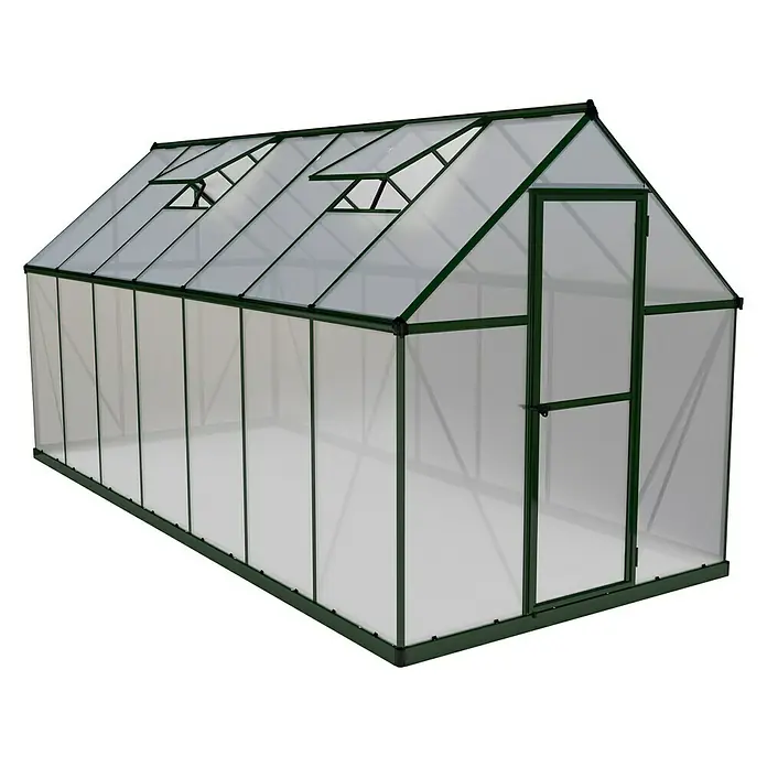 Palram – Canopia Gewächshaus Mythos - Außenmaß inkl. Dachüberstand (B x T): 185 x 426 cm, 4 mm, Grün - Ein Gewächshaus mit grünem Rahmen und klaren Paneelen, perfekt für den Garten. Optimal für den Anbau von Pflanzen.