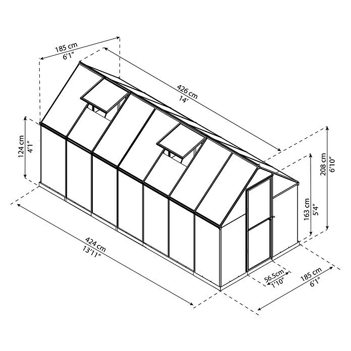 Palram – Canopia Gewächshaus Mythos208 x 185 x 426 cm, Polycarbonat, Silber Sketch