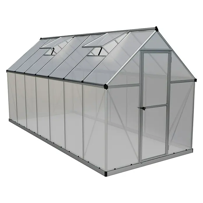 Palram – Canopia Gewächshaus Mythos - Außenmaß inkl. Dachüberstand (B x T): 185 x 426 cm, 4 mm, Silber - Ein geräumiges Gewächshaus mit stabilen Rahmen und transparenten Paneelen für optimales Pflanzenwachstum und Schutz vor Witterungseinflüssen.
