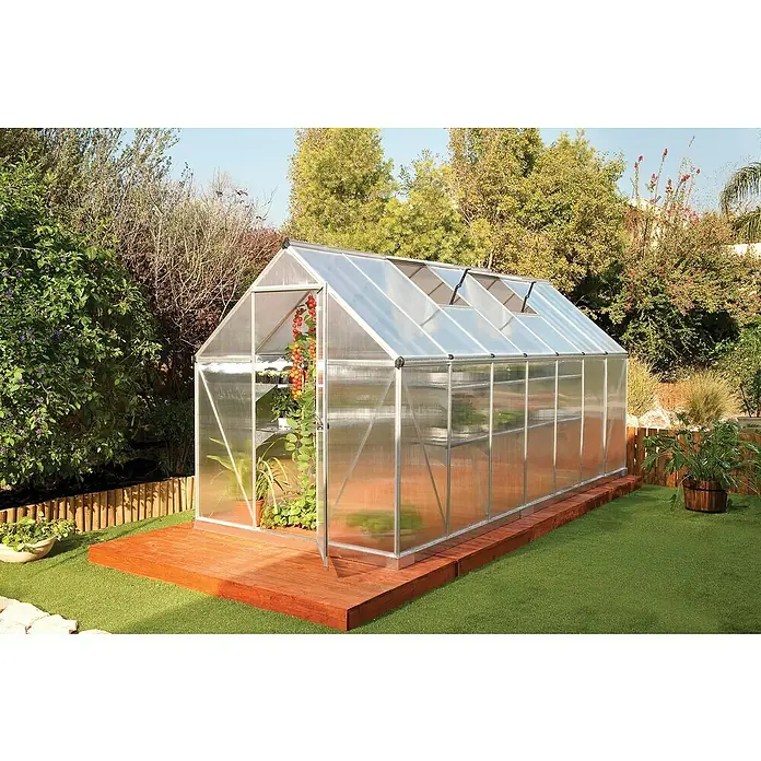 Palram – Canopia Gewächshaus Mythos - Außenmaß inkl. Dachüberstand (B x T): 185 x 426 cm, 4 mm, Silber - Außenaufnahme eines Gewächshauses mit transparenter Bedachung und Pflanzen im Inneren, umgeben von Grün.