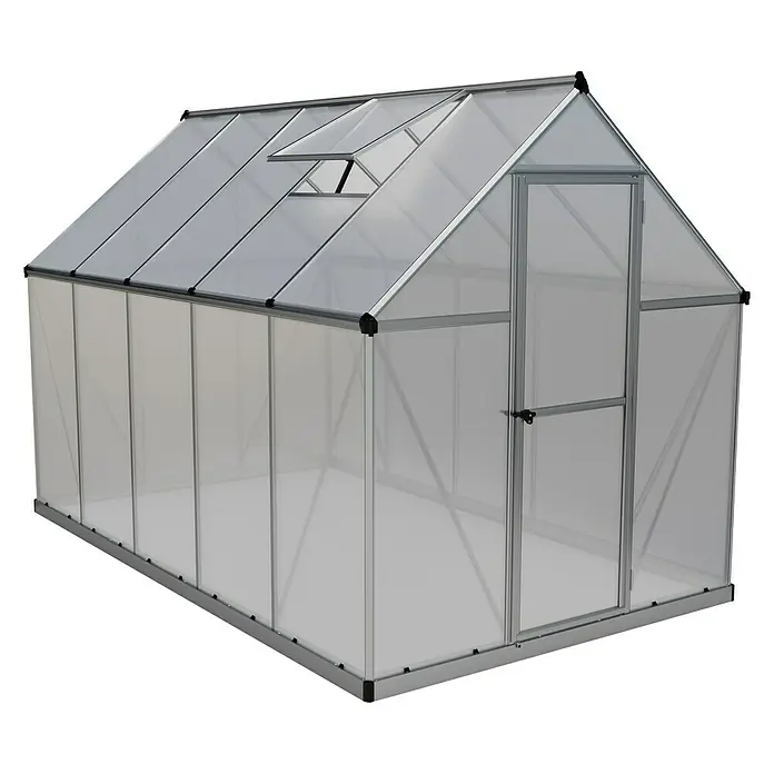 Palram – Canopia Gewächshaus Mythos - Außenmaß inkl. Dachüberstand (B x T): 185 x 306 cm, 4 mm, Silber - Das Bild zeigt ein Gewächshaus mit Metallrahmen und transparenten Wänden. Es hat eine Tür und ein Fenster im Dach.