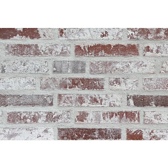 Celina Klinker Verblendstein Vintage Hamburg - 5,2 x 24 cm, Weiß/Rot, Steinoptik - Detailansicht einer rustikalen Ziegelwand mit weiß getünchten Akzenten, die eine Vintage-Textur und architektonische Tiefe zeigt.