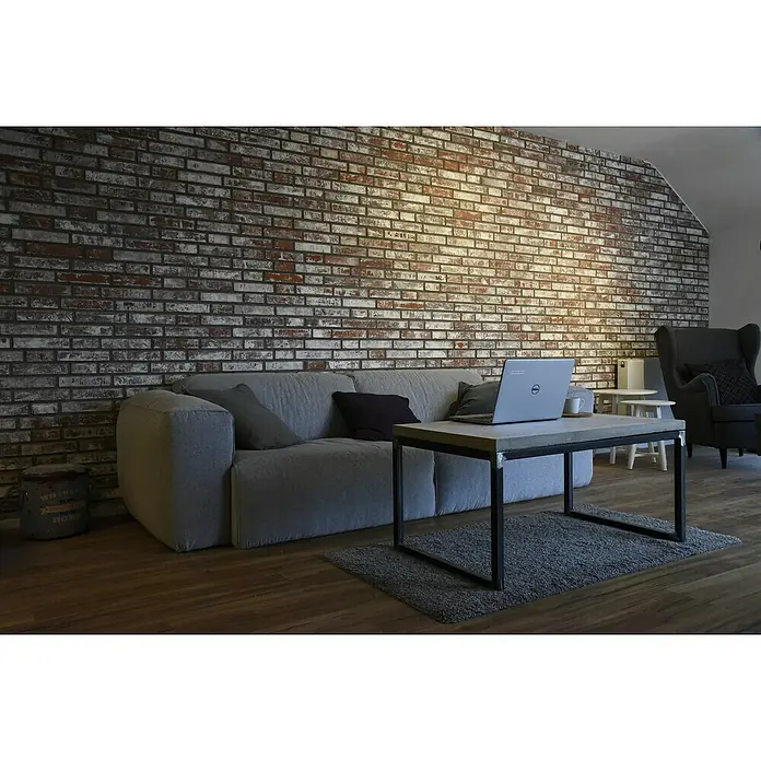 Celina Klinker Verblendstein Vintage Hamburg - 5,2 x 24 cm, Weiß/Rot, Steinoptik - Wohnzimmer mit grauem Sofa, Tisch mit Laptop und Backsteinmauer. Die Einrichtung ist modern und gemütlich.