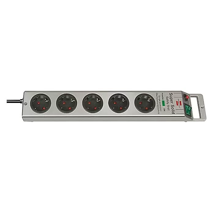 Brennenstuhl Super-Solid Steckdosenleiste - Anzahl Steckdosen Schuko: 5 Stk., Silber, Kabellänge: 2,5 m, IP20, Mit Schalter - Silberfarbene Metall-Steckdosenleiste mit fünf schwarzen Steckplätzen, grünem Schalter und roten Anzeigeleuchten, beschriftet mit "Super Solid" und Überspannungsschutz.