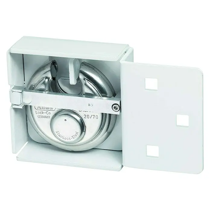 Abus Diskus Juego de candados 141+142+26/70 - 2 ud. - Candado de acero inoxidable ABUS Diskus® 20/70, protegido por una caja blanca con tapa abierta, ideal para requisitos de alta seguridad.