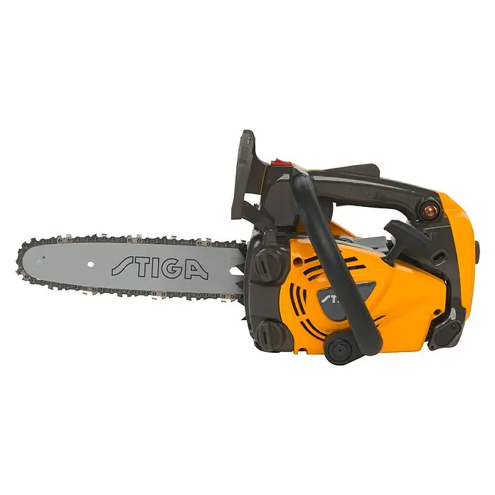 Stiga Benzin-Kettensäge PR 730 - 0,7 kW, 26,9 cm³, Schwertlänge: 25 cm - Nahaufnahme einer gelben Stiga Kettensäge, die für ihre Schneidleistung und ihr ergonomisches Design bekannt ist.