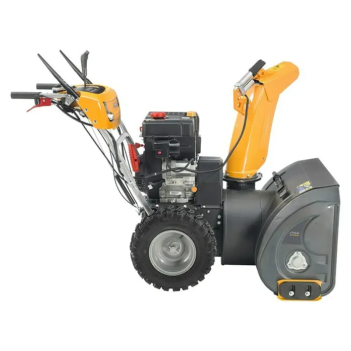 Stiga Benzin-Schneefräse ST 7276 PH - 9 kW, 420 cm³, Arbeitsbreite: 76 cm - Eine Nahaufnahme einer gelben STIGA Schneefräse, die bereit ist, den Winter zu bewältigen. Ideal für Hausbesitzer mit grossen Flächen.