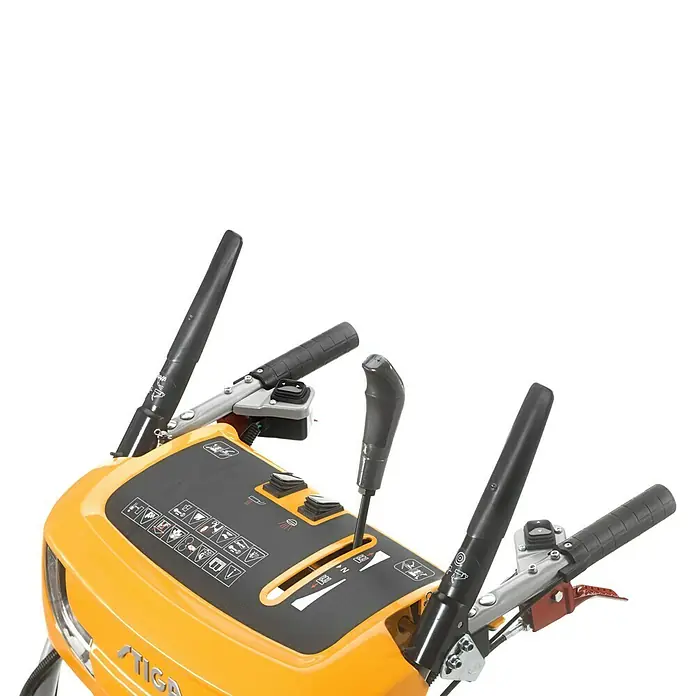Stiga Benzin-Schneefräse ST 7276 PH - 9 kW, 420 cm³, Arbeitsbreite: 76 cm - Detailaufnahme der Bedienelemente einer STIGA Schneefräse, die intuitive Steuerung und Funktionalität hervorhebt.