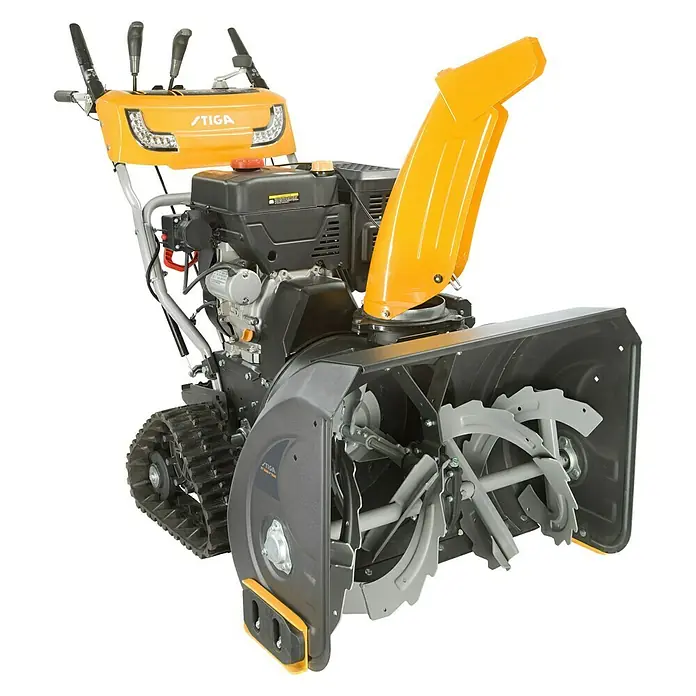 Stiga Benzin-Schneefräse ST 6272 P TRAC - 7,8 kW, 375 cm³, Arbeitsbreite: 72 cm - Nahaufnahme einer gelben und grauen STIGA-Schneefräse mit Raupenantrieb, die für den Wintereinsatz konzipiert ist.