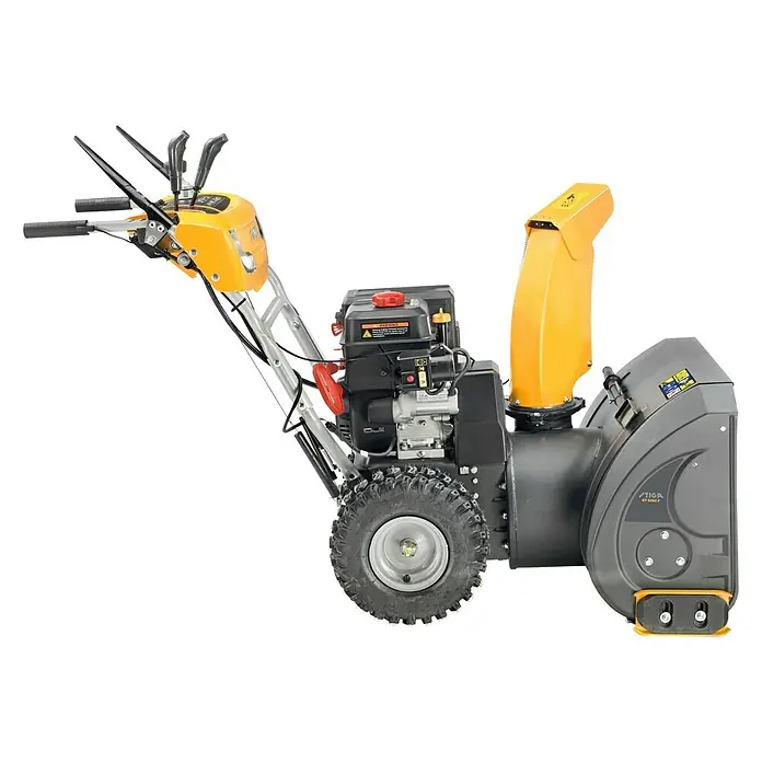 Stiga Benzin-Schneefräse ST 5262 P - 5,2 kW, 252 cm³, Arbeitsbreite: 62 cm - Ein gelb-graue Schneefräse. Die Schneefräse hat einen starken Motor und große Räder, ideal für Winterarbeiten.
