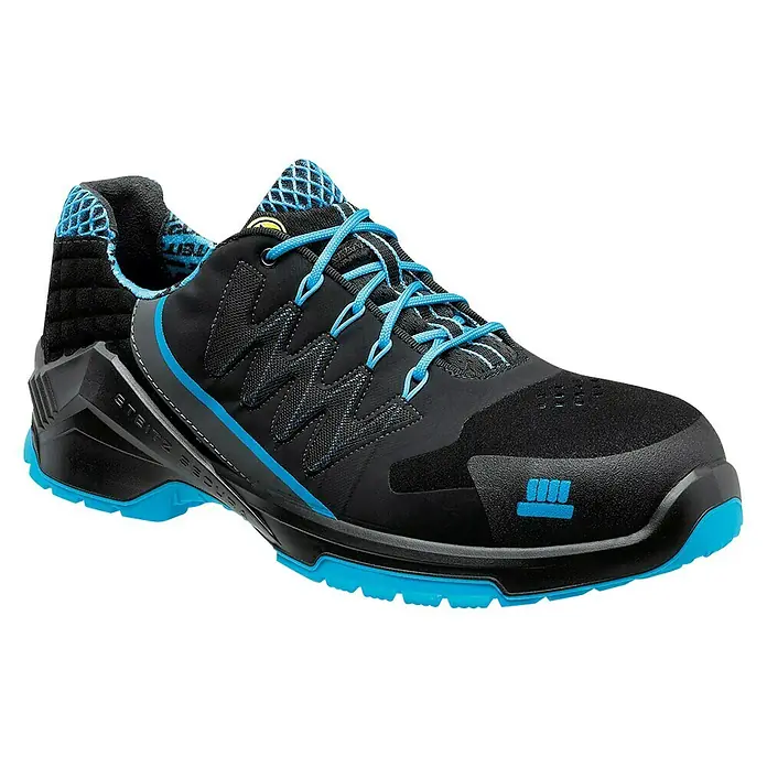 Steitz Secura Sicherheitshalbschuh VD PRO 1100 SF - 41, Schutzklasse nach EN ISO 20345: S1P, Schwarz/Blau - Schwarzer Sicherheitsschuh mit blauen Akzenten, ideal für Arbeit und Freizeit. Robuste Bauweise für optimalen Schutz und Komfort.