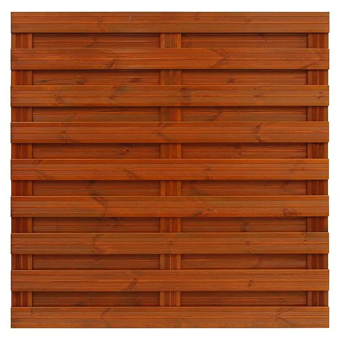 Andrewex Sichtschutzelement Goch - 90 x 90/180 cm, Teak - Nahaufnahme eines Teils eines blickdichten Holzzauns mit horizontal verlaufenden Brettern in sattem Braunton.