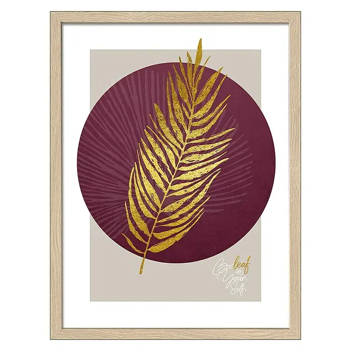 ProArt Bild - Golden Leaf II, B x H: 33 x 43 cm - Gerahmtes Wandbild mit goldenem Blattmotiv vor einem burgunderfarbenen Kreis auf beigem Hintergrund.